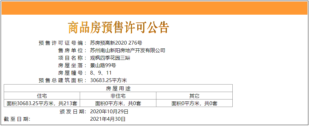 南山观枫四季花园8、9、11#预售许可证