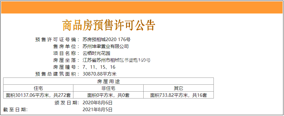 上坤·云栖时光2020年08月06日预售许可证