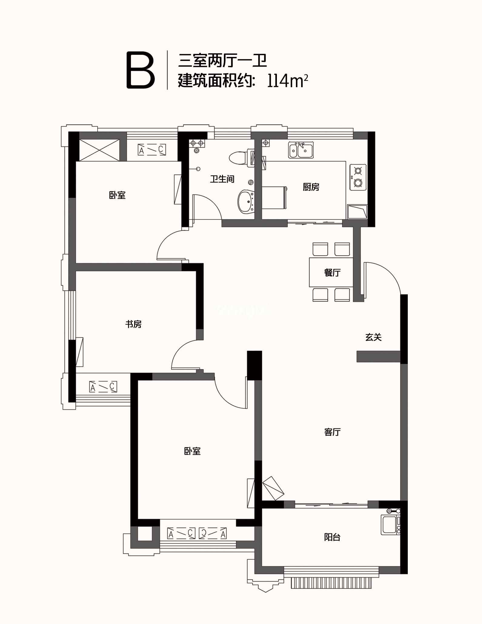 九联湖畔114㎡高层边户B户型图