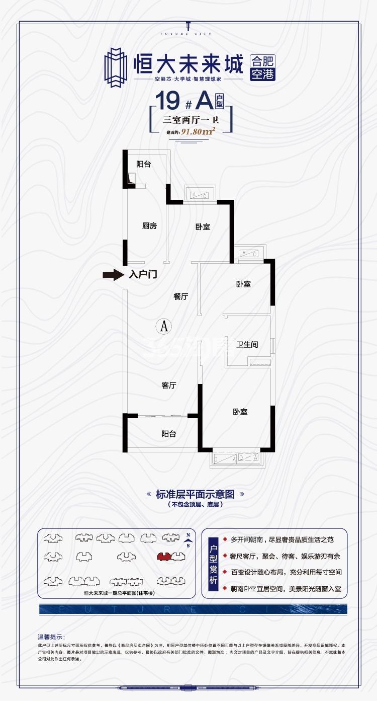 寿县恒大未来城19#91.80㎡A户型图