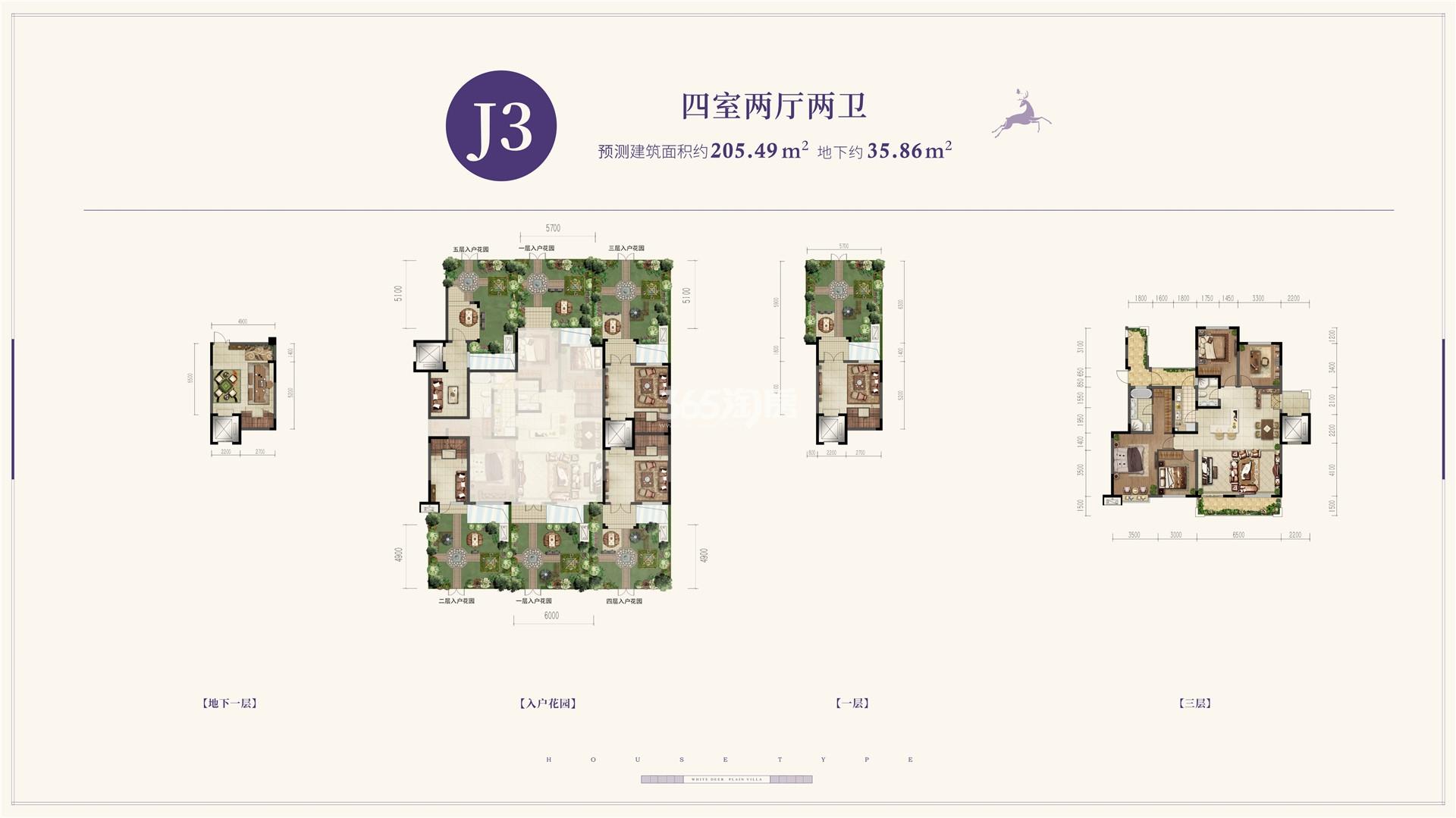 白鹿溪谷三室两厅两卫预测建筑面积205.49㎡地下约35.86㎡户型图